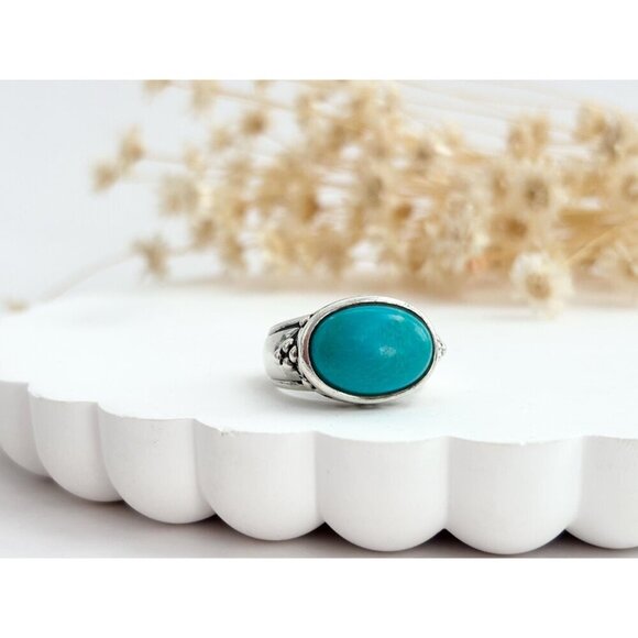 Southwest Style Oval Turquoise Bezel Set Vintage Sterling Silver Ring - sz 6 - Picture 9 of 10